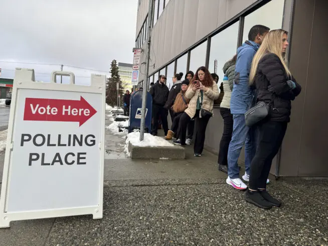 Alaska voters outside polling place