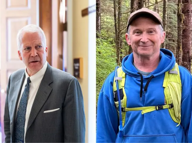 Left: Sen. Dan Sullivan, R-Alaska, speaks to reporters as he arrives for the Senate Republicans' lunch meeting in the U.S. Capitol on Tuesday, June 16, 2026. Right: Alaska Senate candidate Dan Sullivan, one of the challengers to incumbent Sen. Dan Sullivan, poses for a photo on a hike, Sunday, June 7, 2026, on Kupreanof Island, near Petersburg, Alaska.