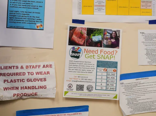 A sign for SNAP is posted at the Chugiak-Eagle River Food Pantry at the Eagle River Presbyterian Church, Friday, Oct. 31, 2025, in Eagle River, Alaska.