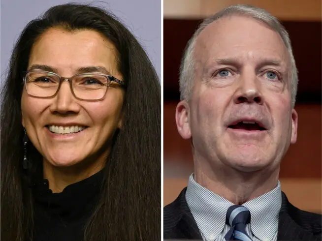 This photo combination shows Democratic Rep. Mary Peltola, Oct. 10, 2024, in Anchorage, Alaska and Sen. Dan Sullivan, R-Alaska, Feb. 8, 2024, on Capitol Hill in Washington.