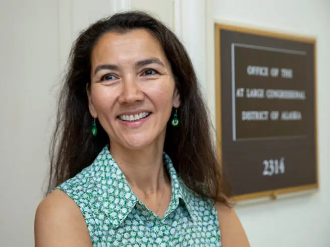 Then-Rep.-elect Mary Peltola is interviewed on Capitol Hill in Washington, Sept. 12, 2022.