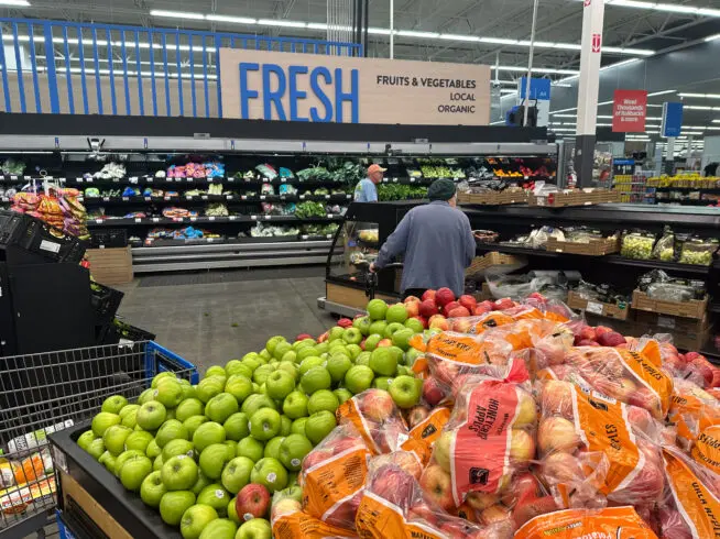 General view of Walmart fruits and vegetables to include signage at the store in Miami, Florida on Jan. 2, 2025.