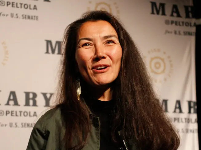 Mary Peltola, a Democrat running for the U.S. Senate seat in Alaska, addresses supporters at an election watch party Tuesday, Aug. 18, 2026, in Anchorage, Alaska.