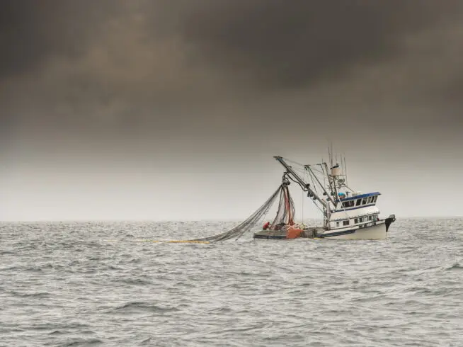 Alaskan fishing trawler making its way through icy water in Prince William Sound, Alaska.